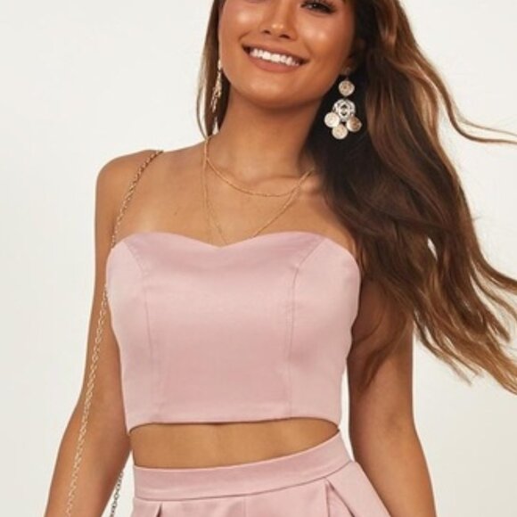 Showpo Blush Mauve Pink Satin Strapless Crop Top & Flared Short Co Ord Set - Picture 2 of 5
